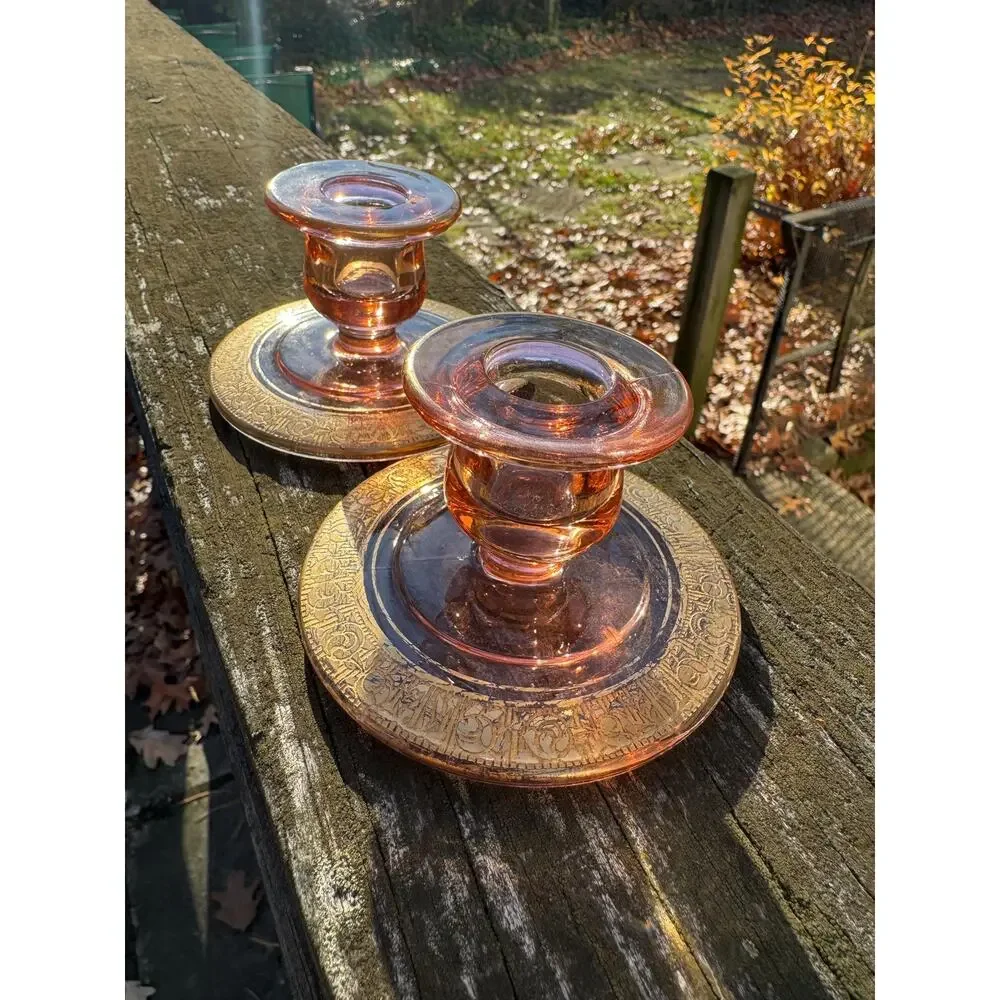 Vintage Pink Depression Glass Candle Holders Gold Rims